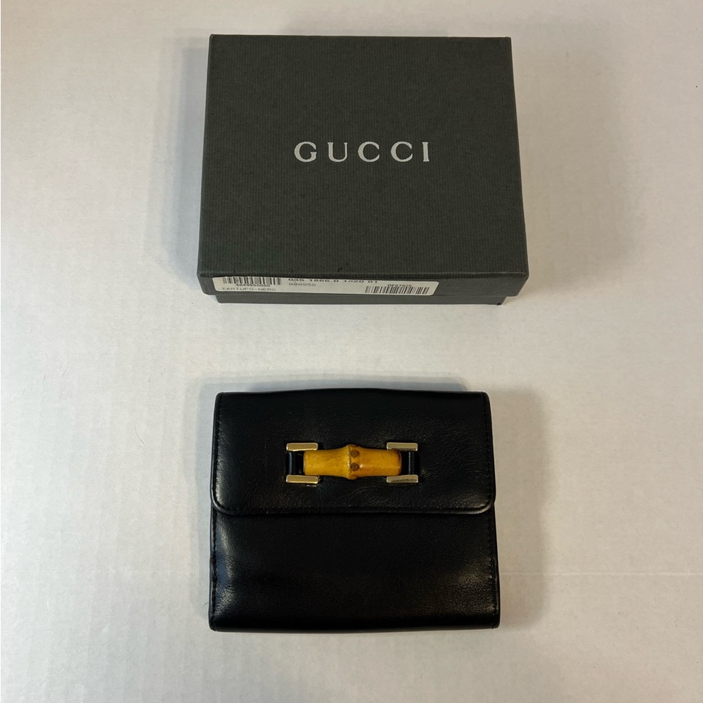 Gucci Black Lambskin Leather & Bamboo Compact Wallet‎ with box